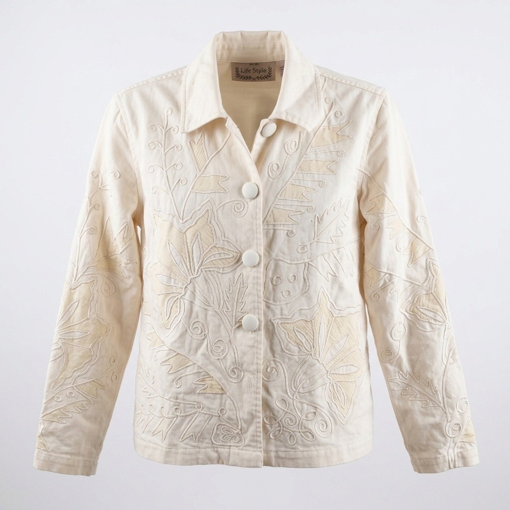 Life Style Jacket Womens S Cream Floral Embroidered Cotton Button Up Utility